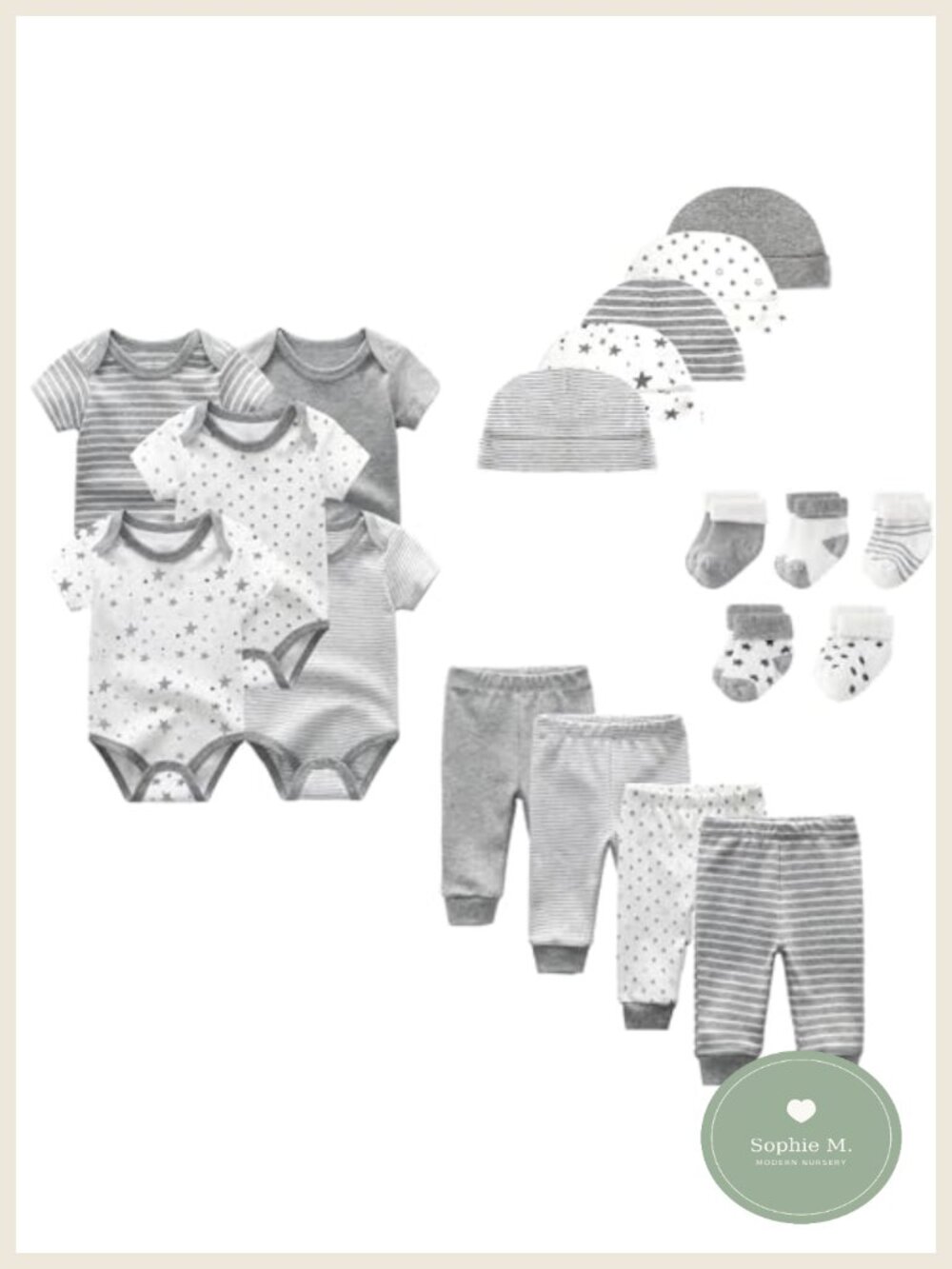 19 Piece Unisex Baby Layette Set 100% Cotton Short Sleeve Bodysuits Pants Hats